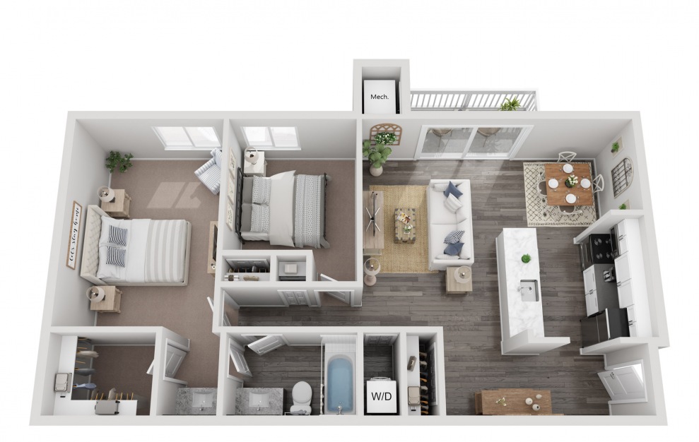 Watercrest - 2 bedroom floorplan layout with 1 bath and 960 square feet.